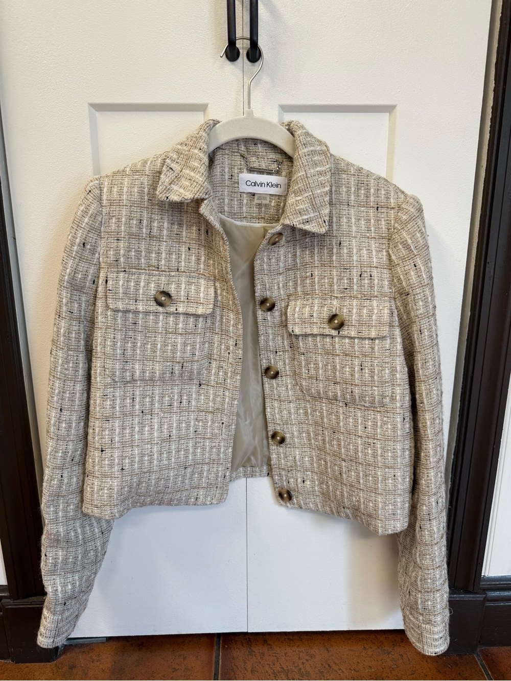 Calvin Klein Cream Tweed Button-Front Cropped Jacket